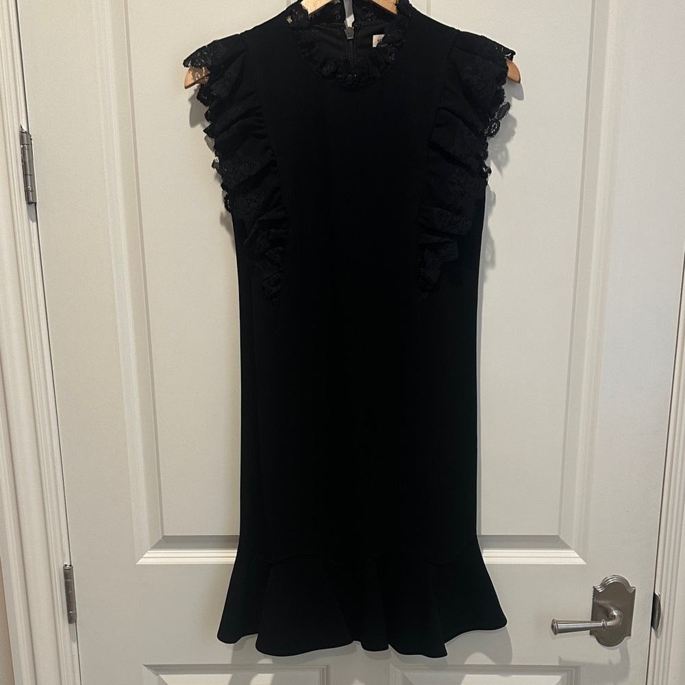 Rebecca Taylor Black Ruffle-Trim Collar Sleeveless Dress with Flounce Hem.